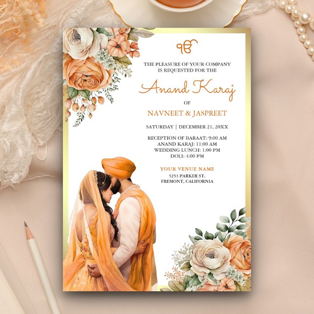 Convite Casamento Orange Ivory Floral Anand Karaj Sikh (Criador carregado)
