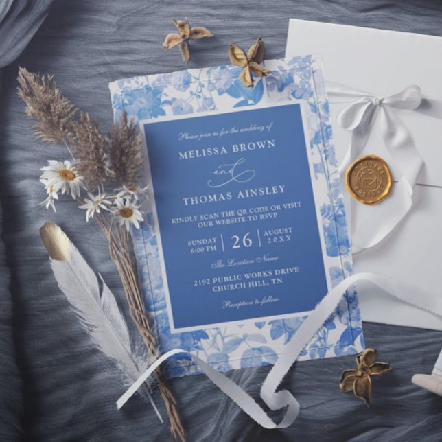 Convite Casamento Orçamento Código QR Botânico Aquarela Az (Criador carregado)