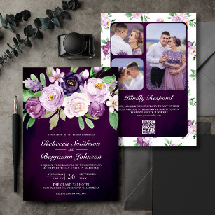 Convite Casamento Orgânico Púrpura Floral QR Código Dark M