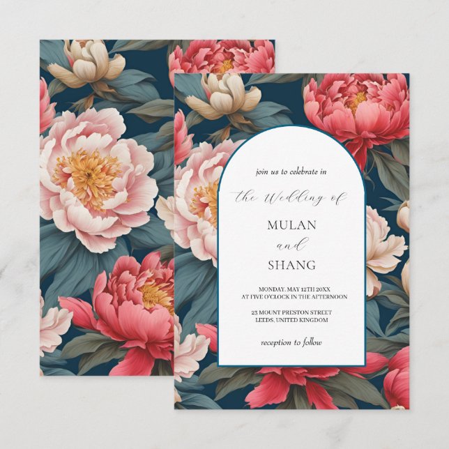 Convite Casamento Oriental de Pêonias Brancas e Rosa (Frente/Verso)