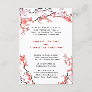 Convite Casamento Oriental Peach Red & Pink Cherry Blossom