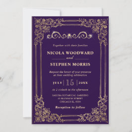 Convite Casamento Ornamental Elegante Roxo e Dourado