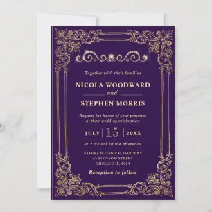 Convite Casamento Ornamental Elegante Roxo e Dourado