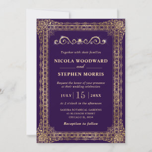Convite Casamento Ornamental Elegante Roxo e Dourado