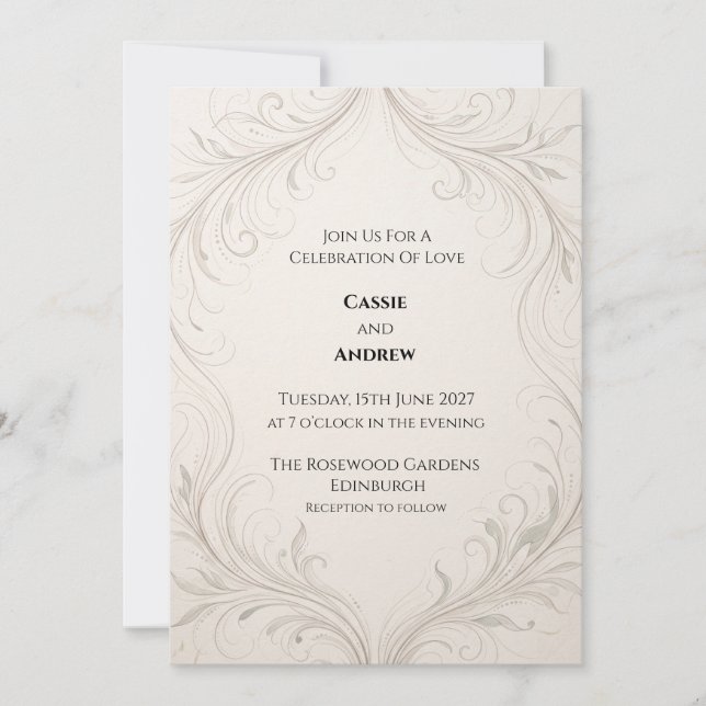 Convite Casamento Ornamental em Marfim e Prata (Frente)