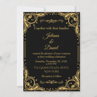 Convite Casamento Ornamental Preto de Luxo Vintage