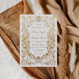 Convite Casamento Ornate Flores Falsas Branco & Dourado Re