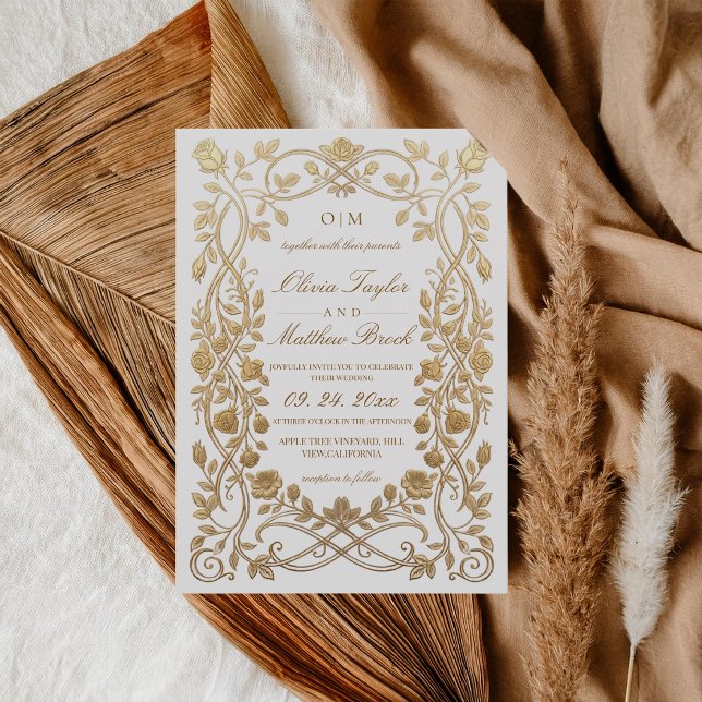 Convite Casamento Ornate Flores Falsas Branco & Dourado Re (Criador carregado)