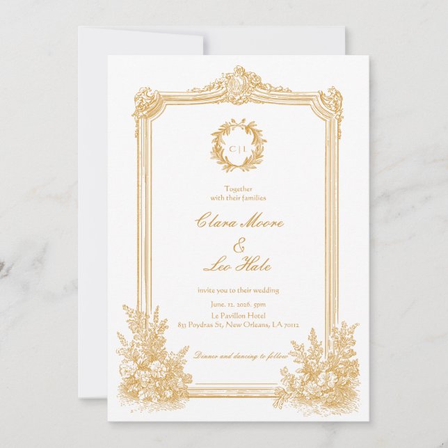 Convite Casamento Ornate Fronteira Vintage Dourado (Frente)