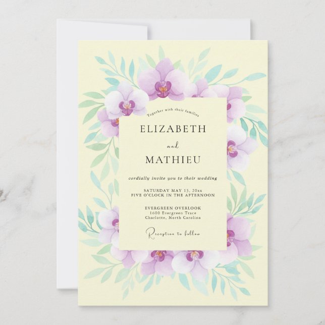 Convite Casamento Orquídea Amarela Pálida Prado (Frente)