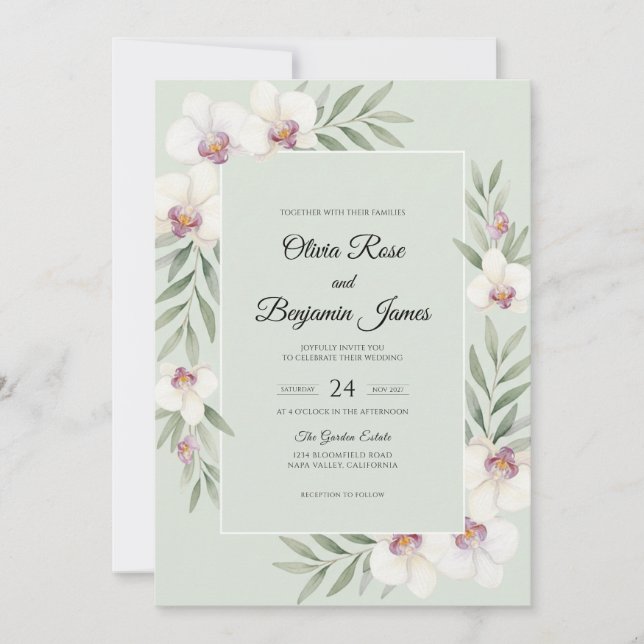 Convite Casamento Orquídea Branca Menta (Frente)