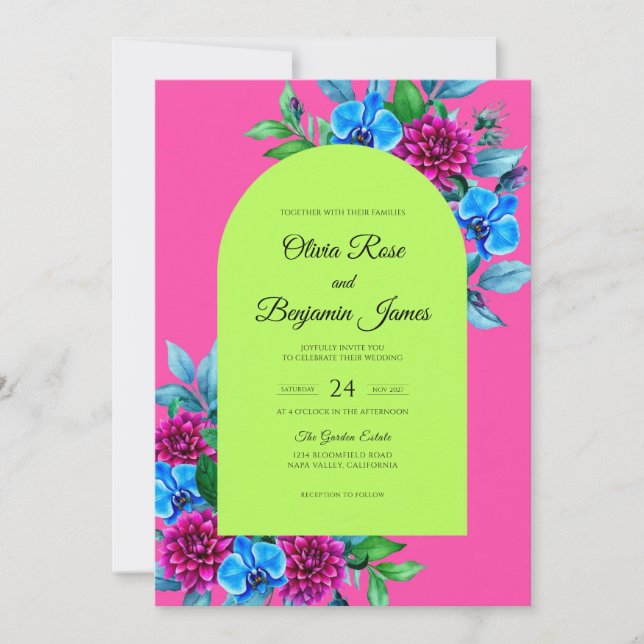 Convite Casamento Orquídea Chartreuse Fúcsia (Frente)