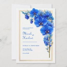 Convite Casamento Orquídea Dourada Azul Real