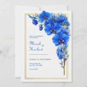 Convite Casamento Orquídea Dourada Azul Real