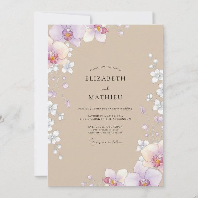 Convite Casamento Orquídea Lilás Taupe (Frente)