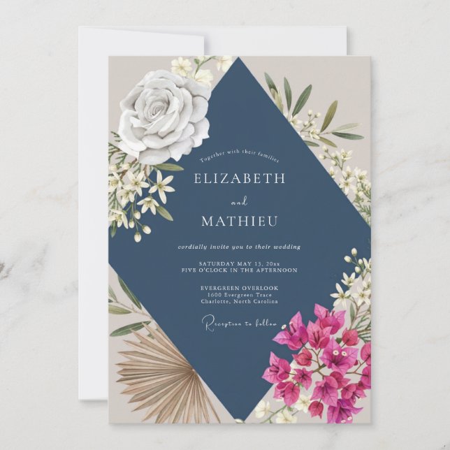 Convite Casamento Orquídea Magenta Navy (Frente)