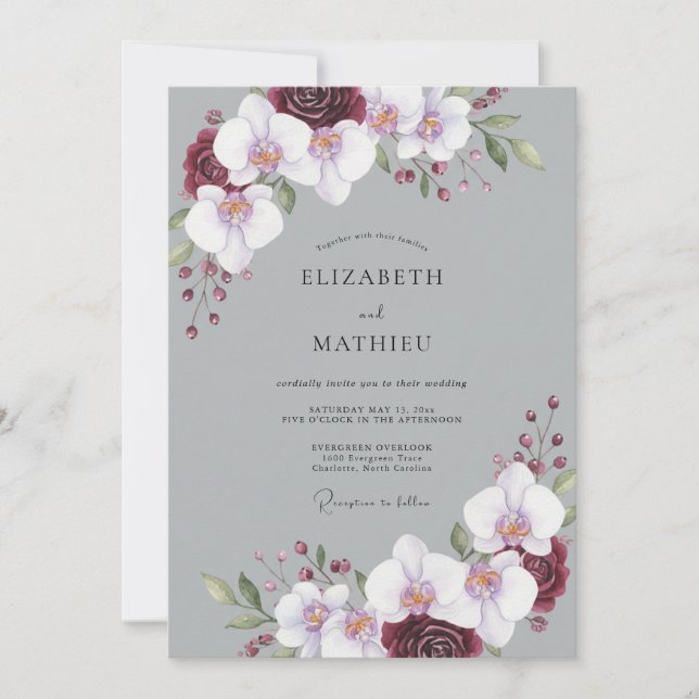 Convite Casamento Orquídea Marrom Cinza (Frente)