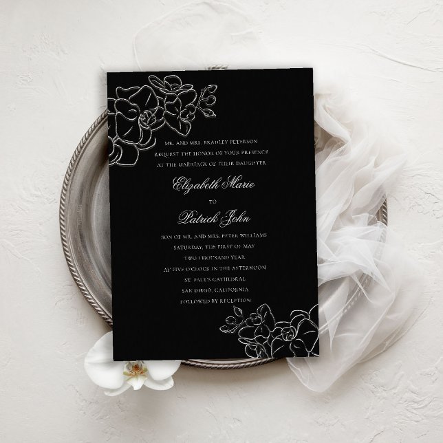 Convite Casamento Orquídeo Branco Branco Branco Branco Bra (orchid wedding invitation black white formal traditional parents hosting calligraphy modern classic)