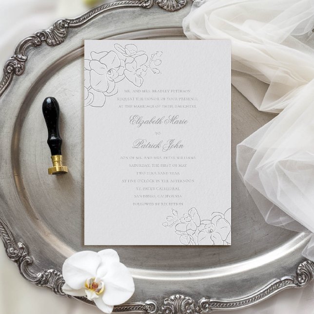 Convite Casamento Orquídeo Clássico de Silver Faux Silver (orchid wedding invitation formal traditional classic parents ivory faux embossed art calligraphy)