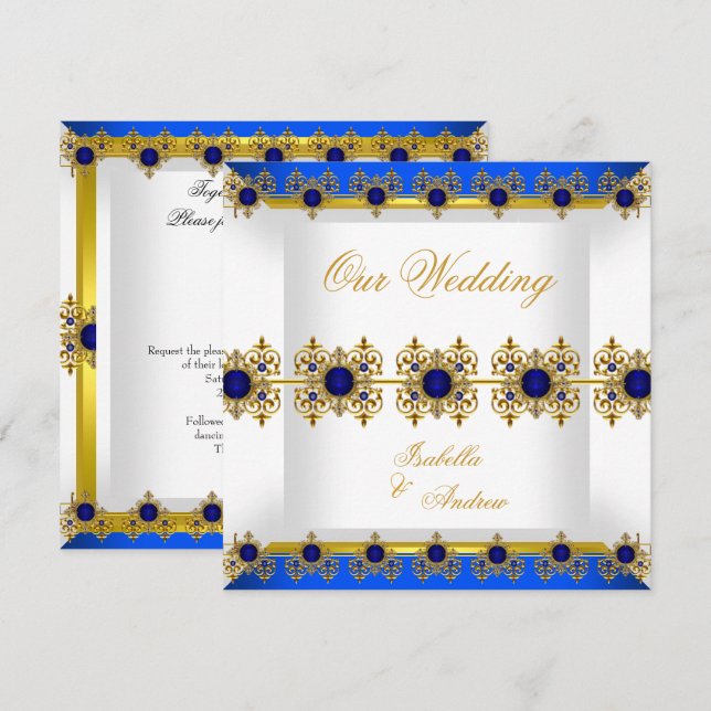 Convite Casamento Ouro Azul Real Gema Branco (Frente/Verso)