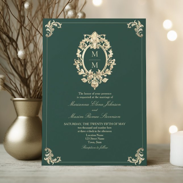 Convite Casamento Ouro Barroco Verde Esmeralda (Criador carregado)