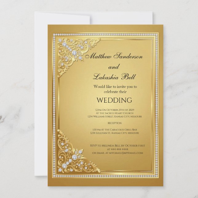 Convite Casamento Ouro Diamantes Elegante (Frente)