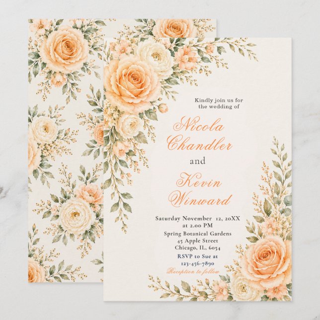 Convite Casamento Ouro e Pêssego (Frente/Verso)