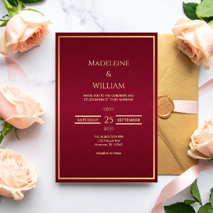 Convite Casamento Ouro e Vermelho Borgonha Old Money