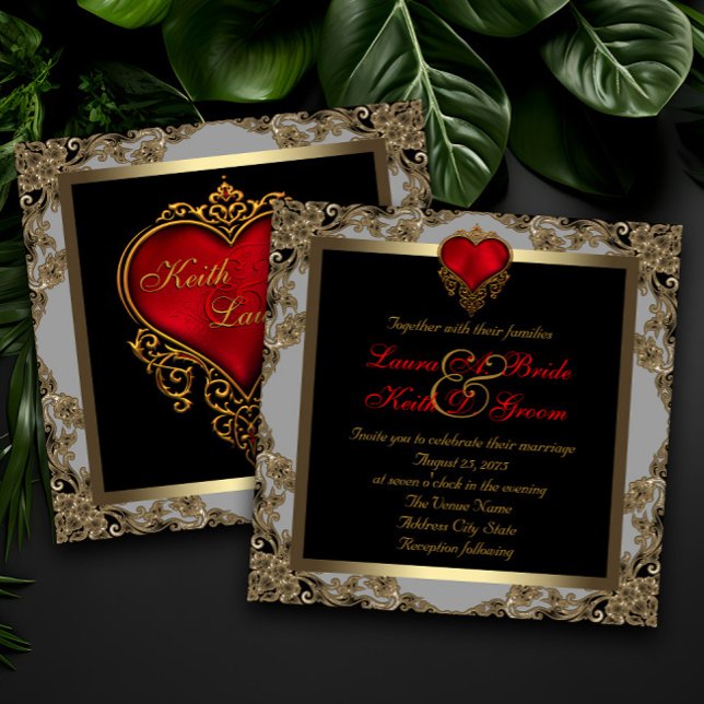Convite Casamento Ouro Preto e Coração Vermelho (Elegant red, black gold heart invitations.)