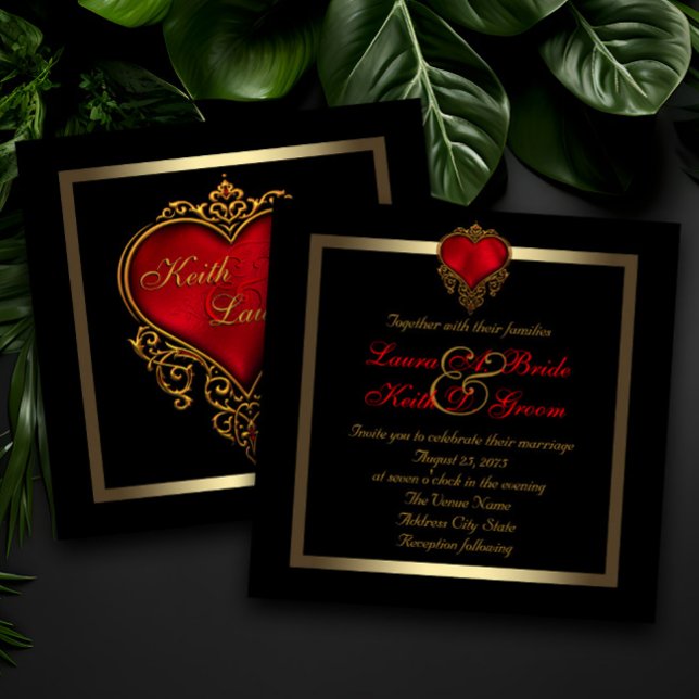 Convite Casamento Ouro Preto e Coração Vermelho (Dramatic elegant red, black and gold wedding invitation with beautiful red and gold heart.)