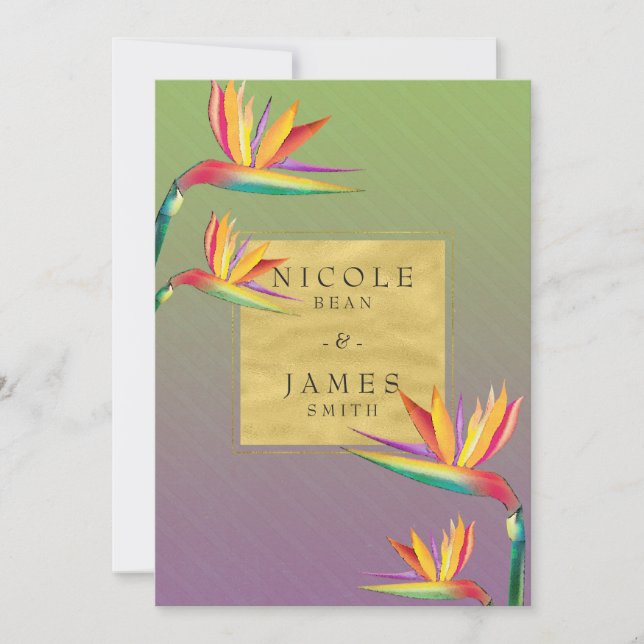 Convite Casamento Ouro Roxo & Verde Ave do Paraíso (Frente)