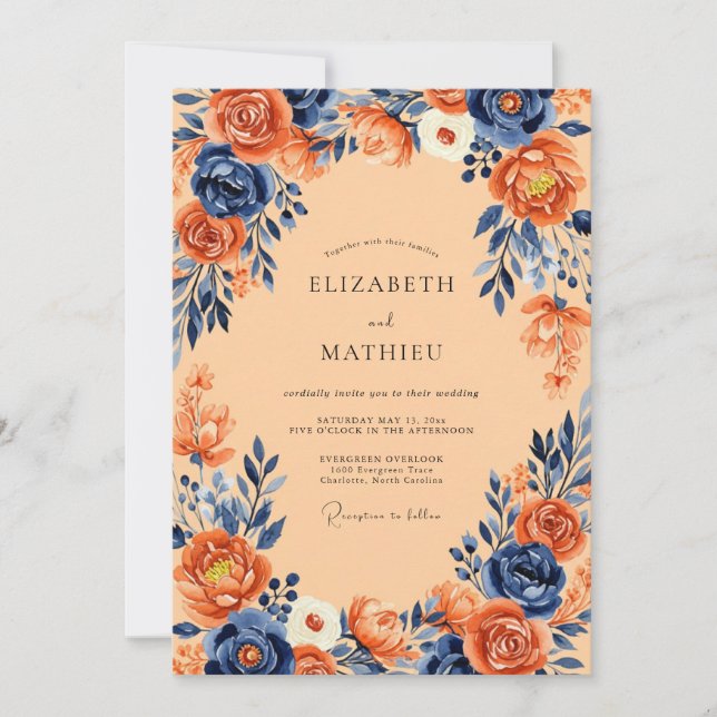 Convite Casamento Outonal Abundante em Azul Marinho (Frente)