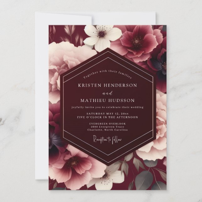 Convite Casamento Outonal Aveludado Borgonha (Frente)