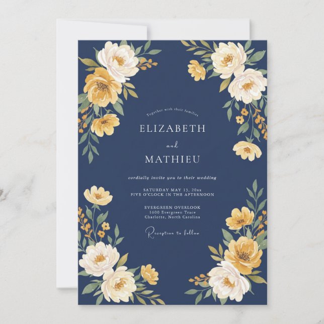 Convite Casamento Outonal Azul-Marinho Esplêndido (Frente)