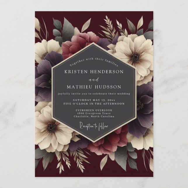 Convite Casamento Outonal Burgundy Aveludado (Frente)