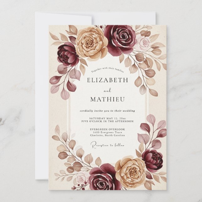 Convite Casamento Outonal Burgundy Ornate (Frente)