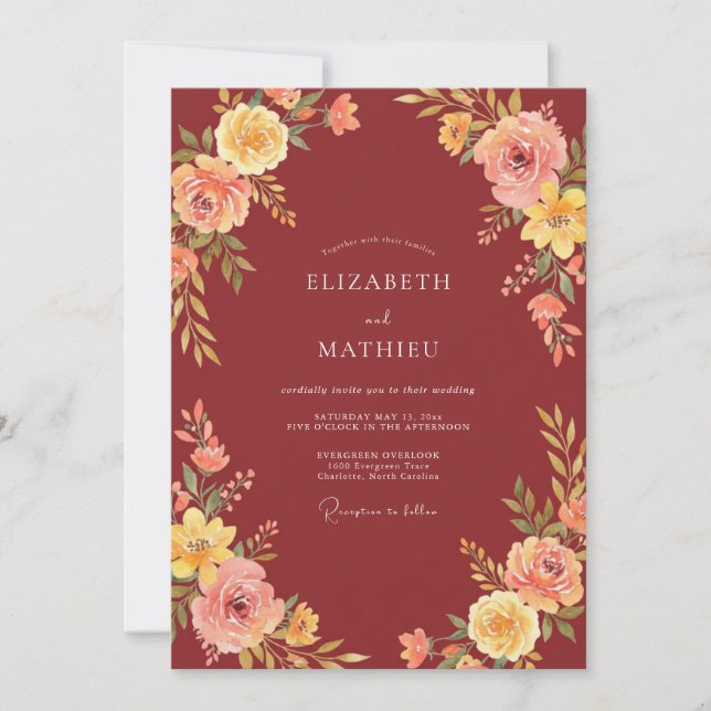 Convite Casamento Outonal Burgundy Vintage (Frente)