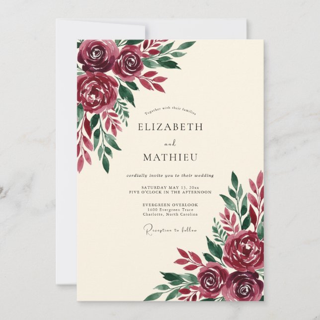 Convite Casamento Outonal com Florada Borgonha (Frente)
