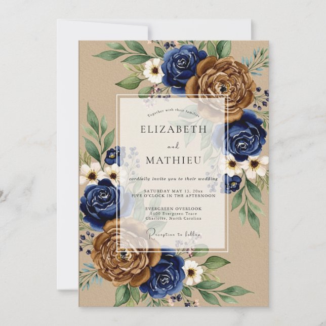 Convite Casamento Outonal de Azul Marinho e Cobre (Frente)