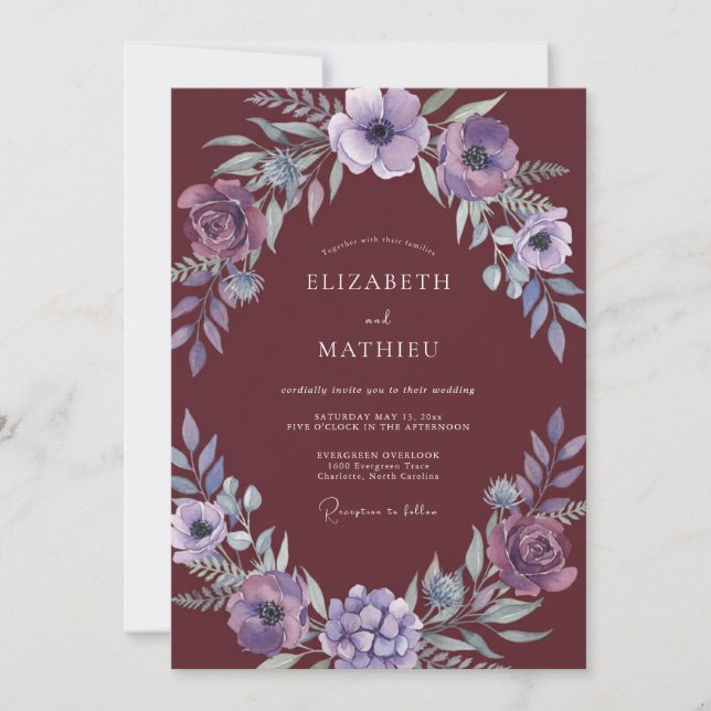 Convite Casamento Outonal de Lavanda Sombrio Borgonha (Frente)