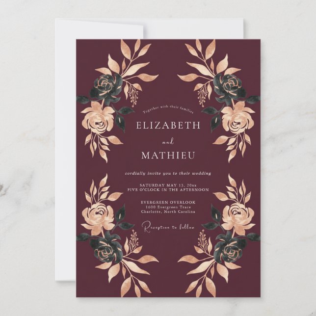 Convite Casamento Outonal Dourado Borgonha (Frente)