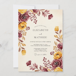 Convite Casamento Outonal Dourado Borgonha