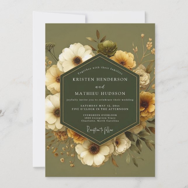 Convite Casamento Outonal Dourado Oliva (Frente)