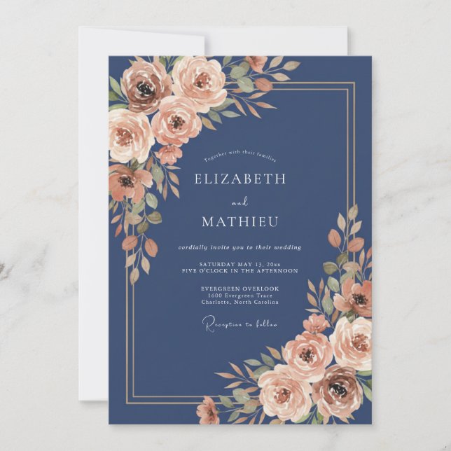 Convite Casamento Outonal Elaborado em Azul Marinho (Frente)