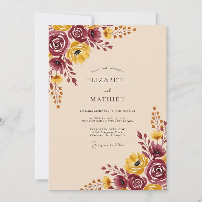 Convite Casamento Outonal em Aquarela Borgonha (Frente)