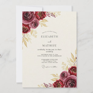 Convite Casamento Outonal Encantador em Dourado e Borgonha