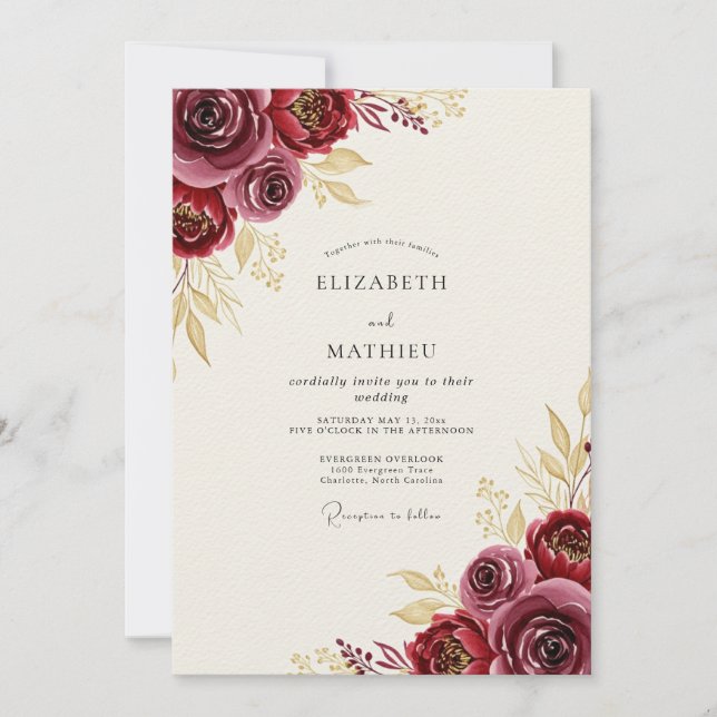 Convite Casamento Outonal Encantador em Dourado e Borgonha (Frente)