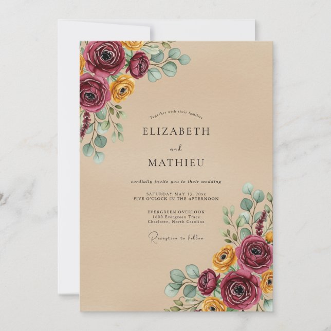 Convite Casamento Outonal Floral Bege (Frente)