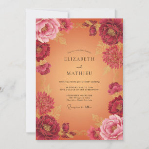 Convite Casamento Outonal Floral Dourado Borgonha