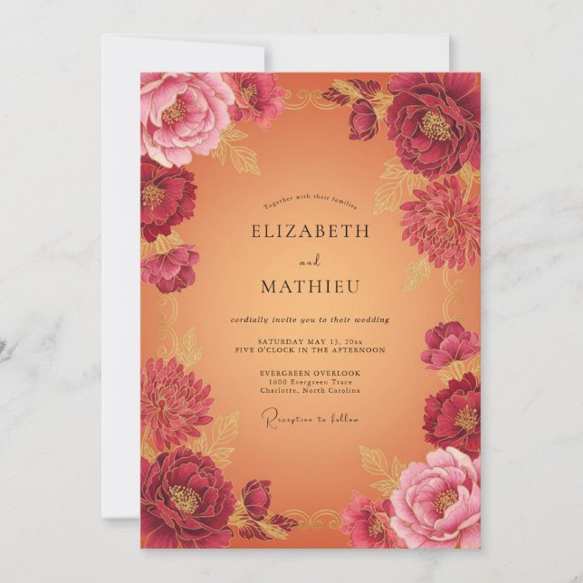 Convite Casamento Outonal Floral Dourado Borgonha (Frente)